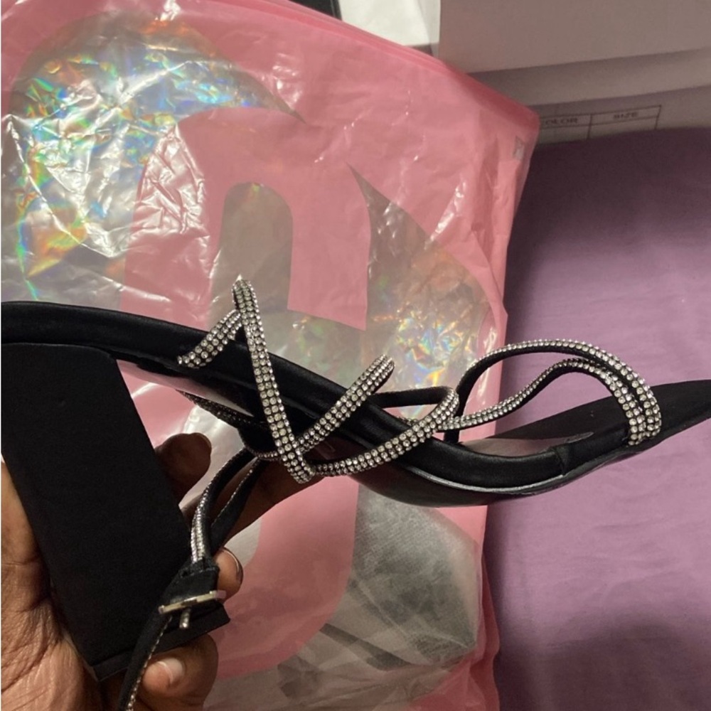 Elegant Black Strappy Heels with Rhinestone Detailing